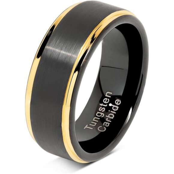 Engraved Personalized Black Tungsten Rings For Men Wedding Band Gold Step Edge - Picture 1 of 7